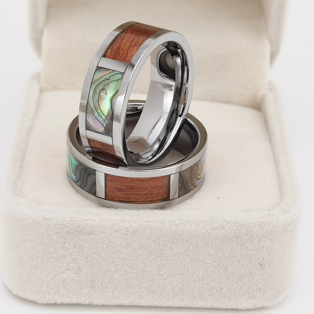 Anello di tungsteno in stock Anello da uomo in carburo di tungsteno piatto da uomo in argento lucido da 8 mm con conchiglia e intarsio in legno Fornitore della Cina
