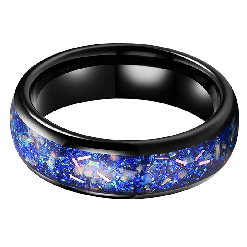 China Diseños únicos modernos Anillo de tungsteno Galaxy de 8 mm Alianzas de boda de tungsteno para hombres de alto pulido Alianzas de boda de carburo de tungsteno negro con piedra arenisca azul e incrustaciones de ópalo Fabricantes