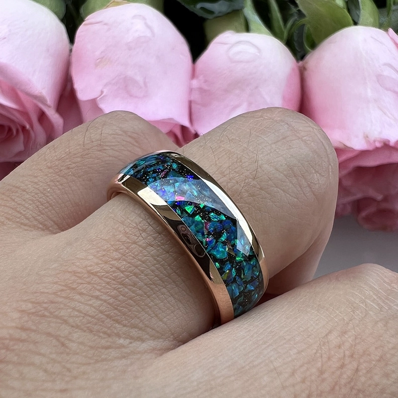 Diseños únicos modernos Anillo de tungsteno Galaxy de 8 mm Alianzas de boda de tungsteno para hombres de alto pulido Alianzas de boda de carburo de tungsteno de oro rosa con piedra arenisca negra e incrustaciones de ópalo Fabricantes