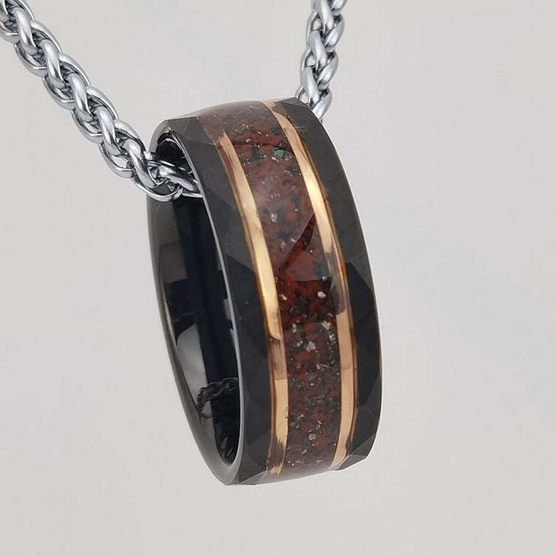 Hochwertige und erschwingliche Eheringe für Herren 8 mm flacher und gehämmerter Schwarz- und Roségold-Wolframcarbid-Ring mit schwarzem Sandstein und Edelstein-Malachit und Tigerauge-Inlay China Hersteller