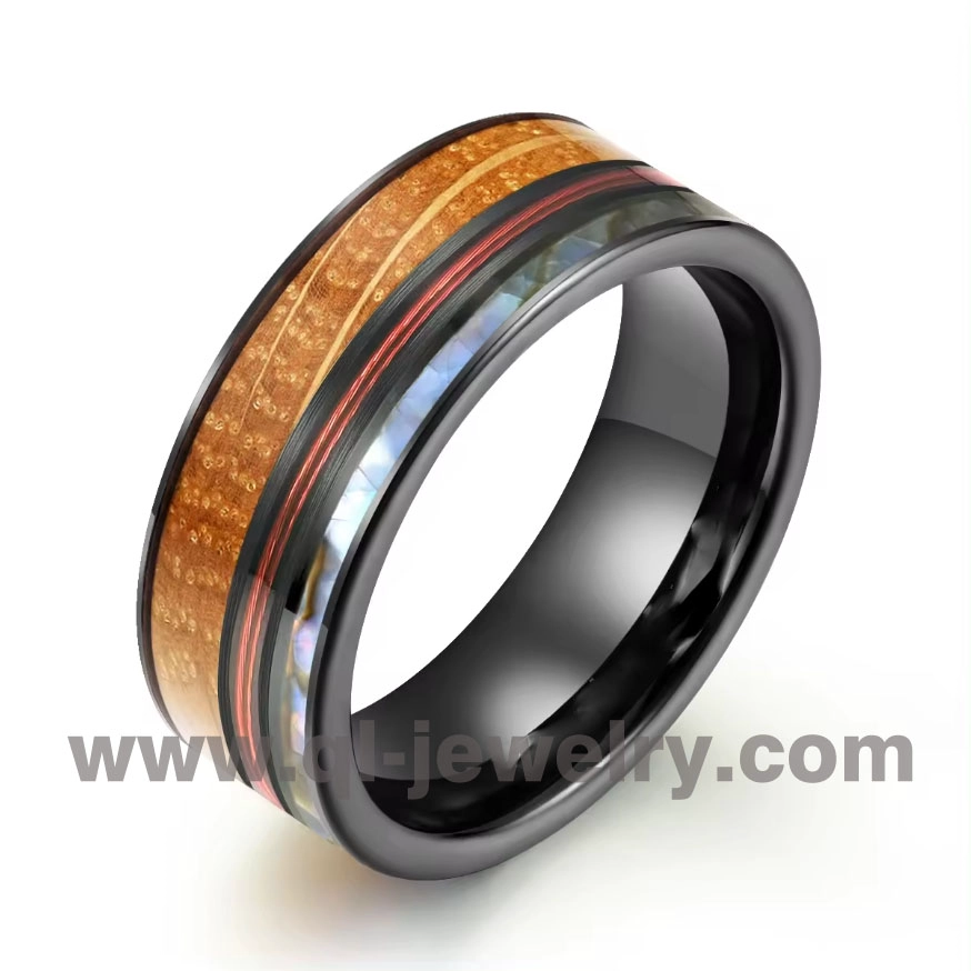 High Quality and Affordable Fashion New Design Red Fishing Line And Abalone Inlay Tungsten Band For Men Whiskey Barrel Wood Ring China Manufacturer