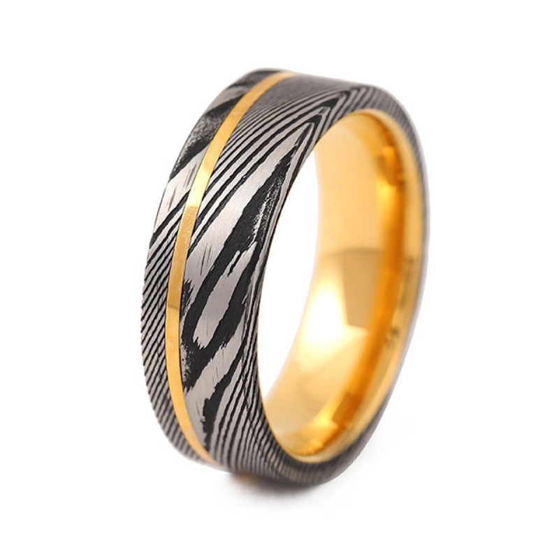 Heißer Verkauf 8 mm Ehering aus goldenem Wolfram und schwarz-silbernem Damaststahl mit einem goldenen Streifen an der Seite für Männer aus China
