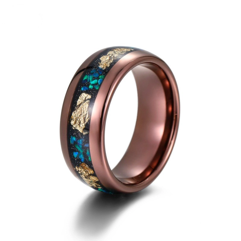 8mm Coffee Plating Domed Tungsten Carbide Ring with Gold Foil and Opal Inlay China Manufacturer