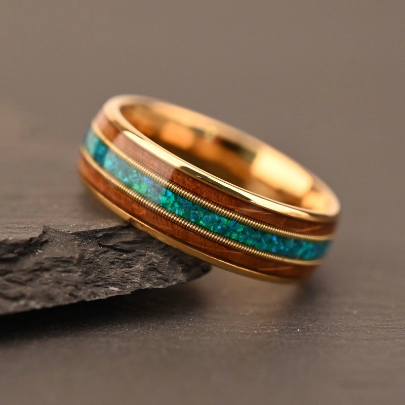 Premium 8mm Electroplated Gold Tungsten Wedding Ring with Spherical Malachite Inlay - Barrel-Shaped Guitar String Design