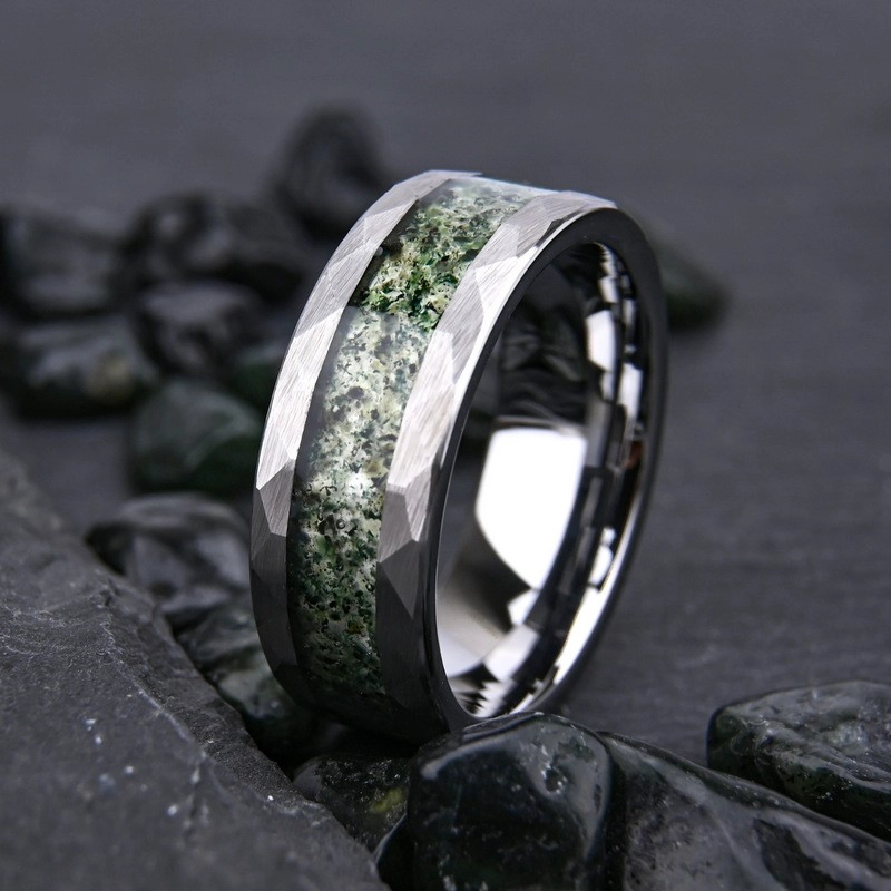 8mm Hammered Tungsten Carbide Ring with Moss Agate Inlay - New Design Wholesale Manufacturer