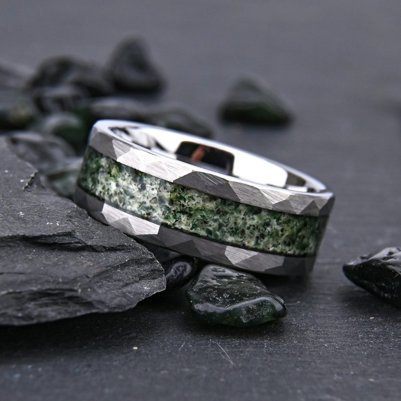8mm Hammered Tungsten Carbide Ring with Moss Agate Inlay - New Design Wholesale Manufacturer