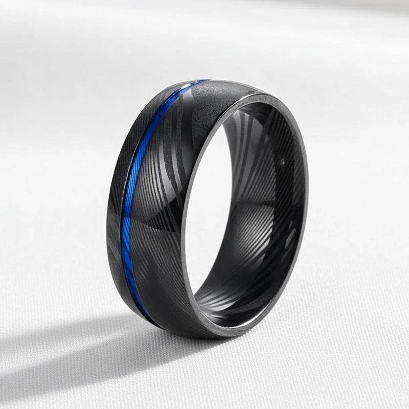 Wholesale Bulk 8mm Black & Blue Plated Damascus Steel Rings – Comfort Fit Men’s Wedding Bands