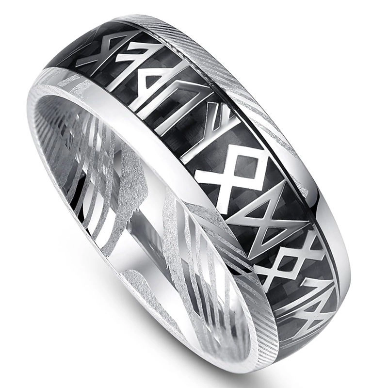 Anello con runa vichinga girevole da 8 mm all'ingrosso all'ingrosso - Anelli di moda da uomo in acciaio di Damasco premium dalla fabbrica
