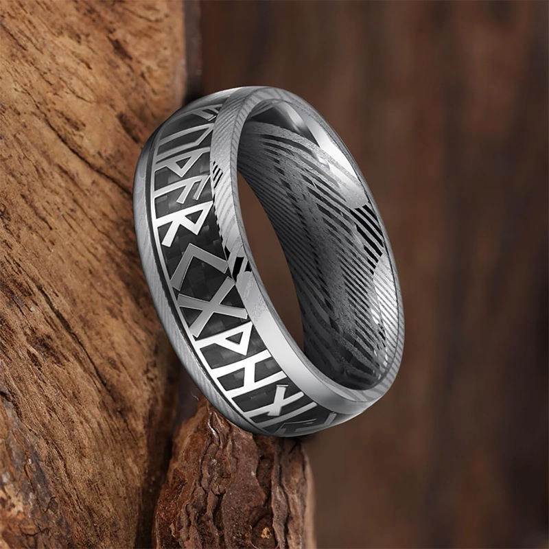 Anello con runa vichinga girevole da 8 mm all'ingrosso all'ingrosso - Anelli di moda da uomo in acciaio di Damasco premium dalla fabbrica