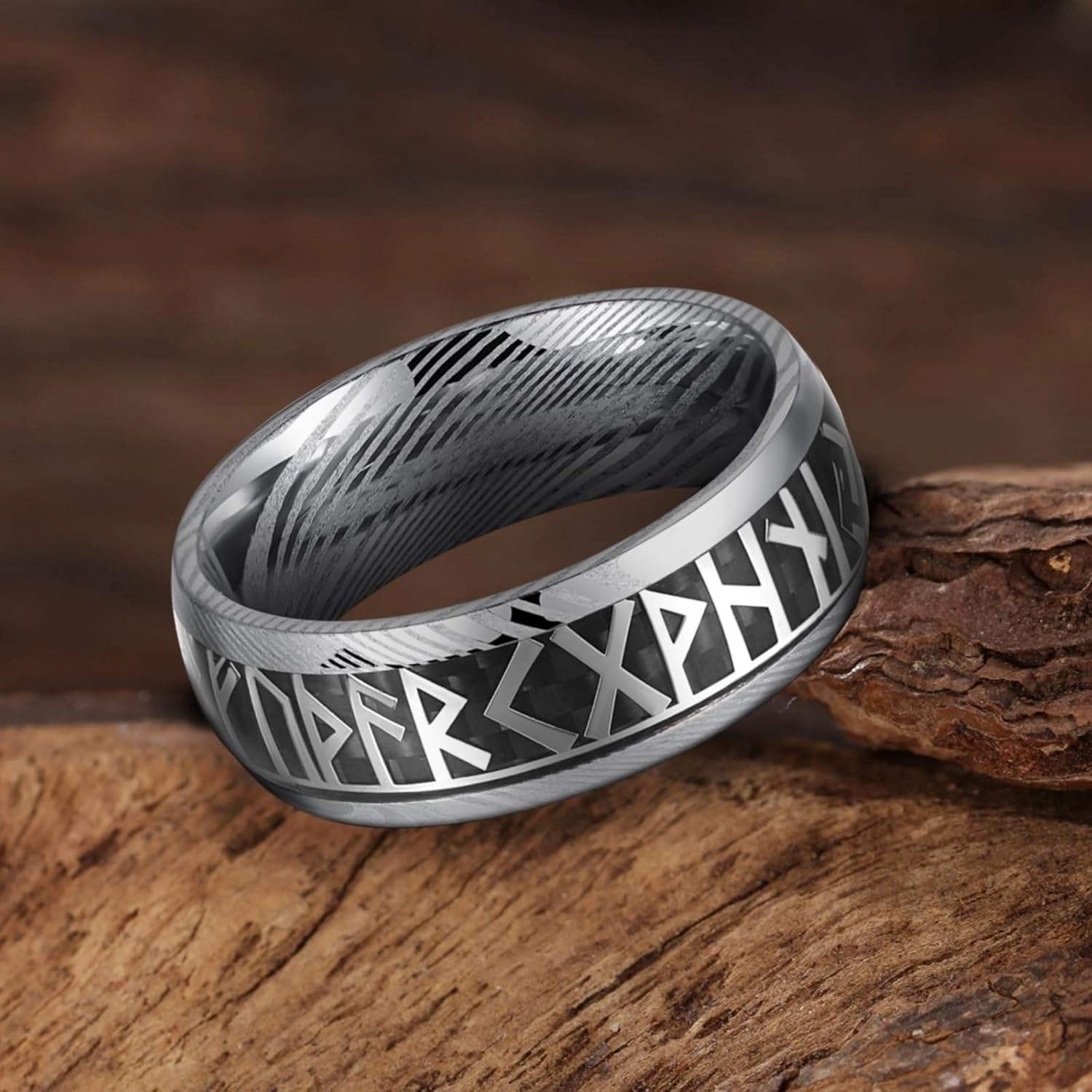 Anello con runa vichinga girevole da 8 mm all'ingrosso all'ingrosso - Anelli di moda da uomo in acciaio di Damasco premium dalla fabbrica