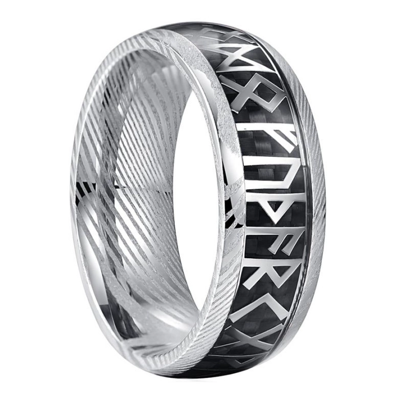 Anello con runa vichinga girevole da 8 mm all'ingrosso all'ingrosso - Anelli di moda da uomo in acciaio di Damasco premium dalla fabbrica