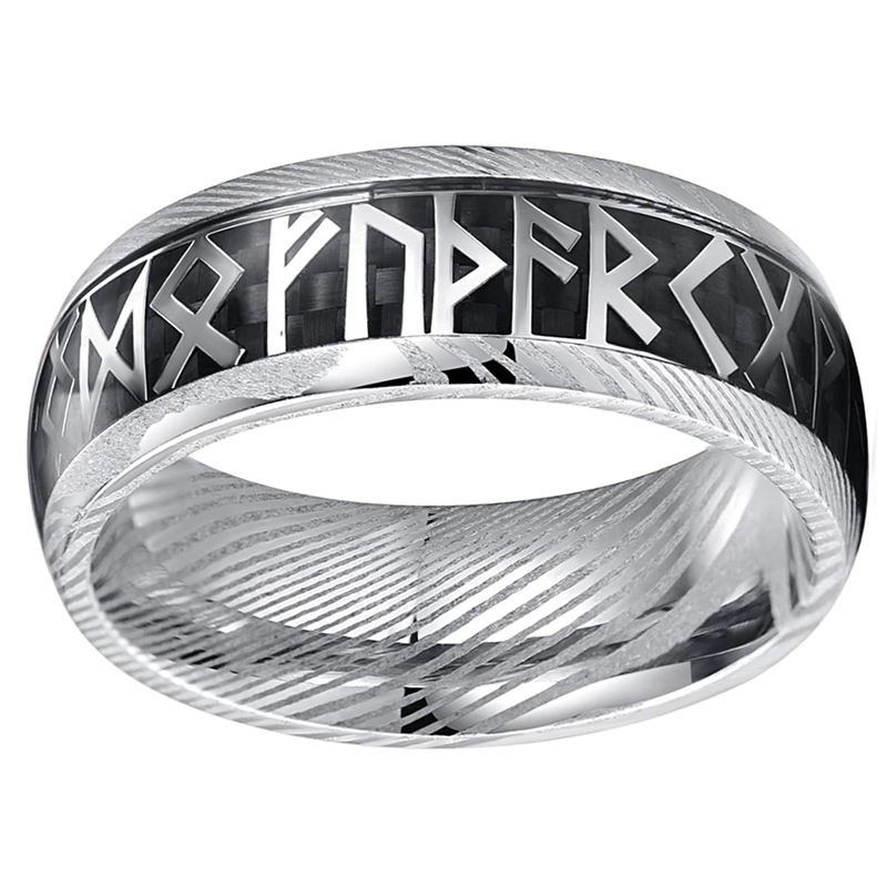 Anello con runa vichinga girevole da 8 mm all'ingrosso all'ingrosso - Anelli di moda da uomo in acciaio di Damasco premium dalla fabbrica