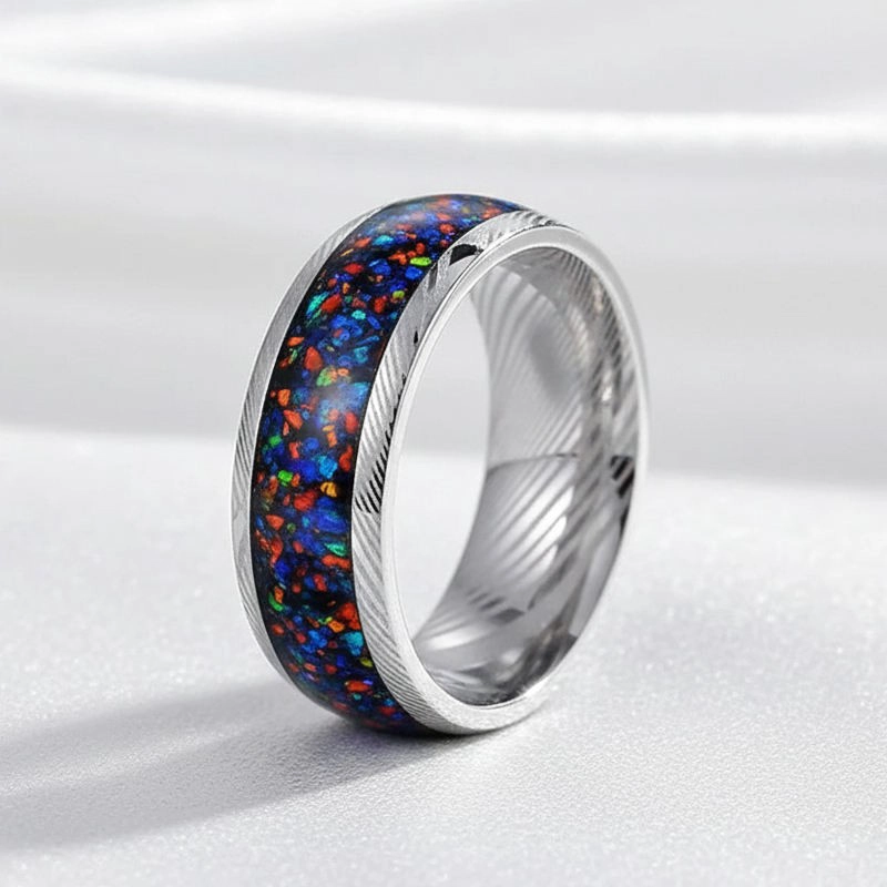 Manufacturer's 8mm Damascus Steel Men's Wedding Band with Crushed Galaxy Opal Inlay – Customizable Bulk Orders