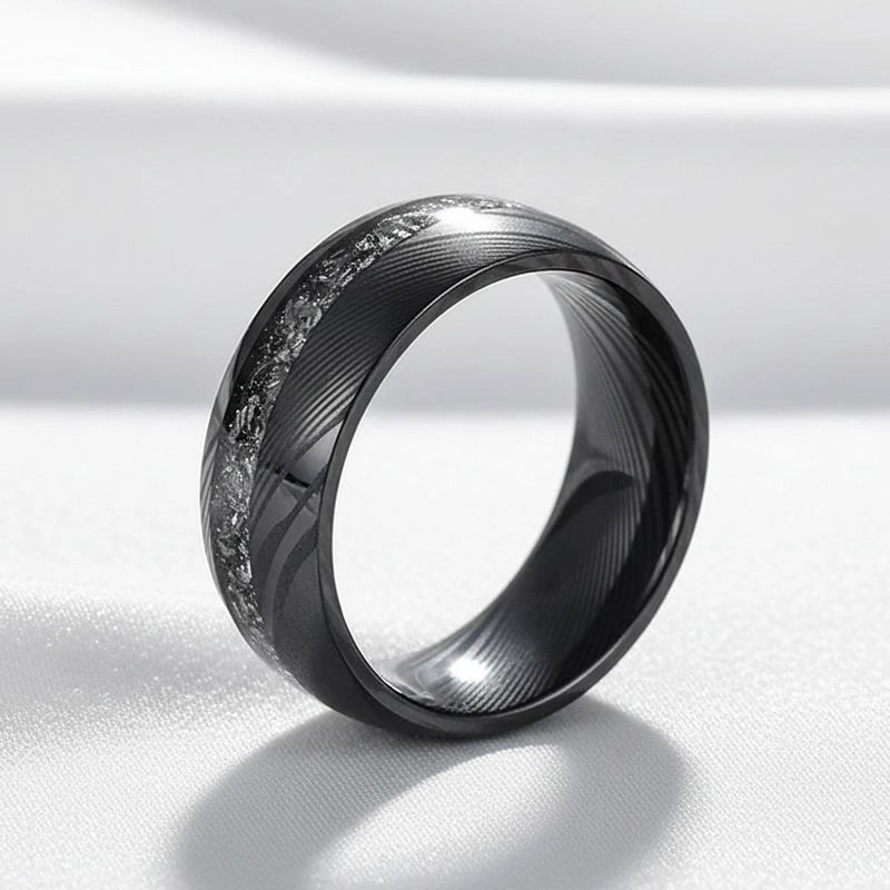 8mm Black Damascus Steel Men's Wedding Bands with Meteorite Inlay - Bulk Wholesale Supplier