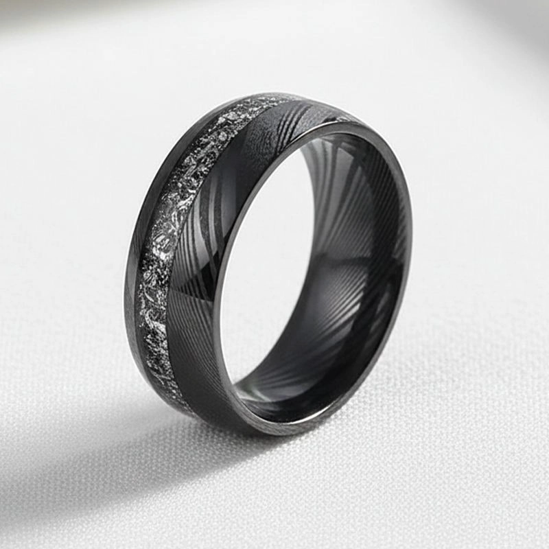 8mm Black Damascus Steel Men's Wedding Bands with Meteorite Inlay - Bulk Wholesale Supplier