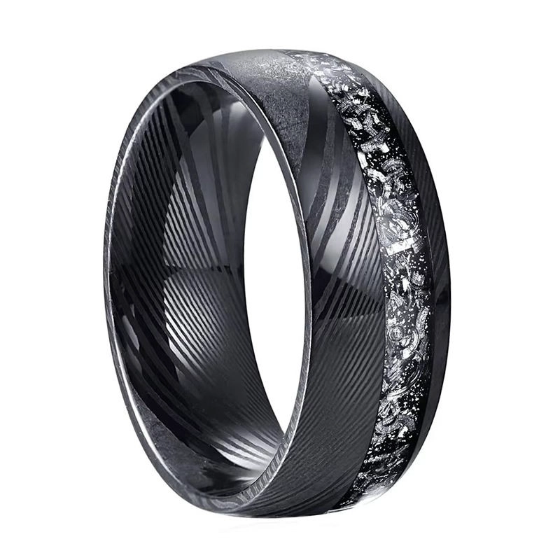 8mm Black Damascus Steel Men's Wedding Bands with Meteorite Inlay - Bulk Wholesale Supplier