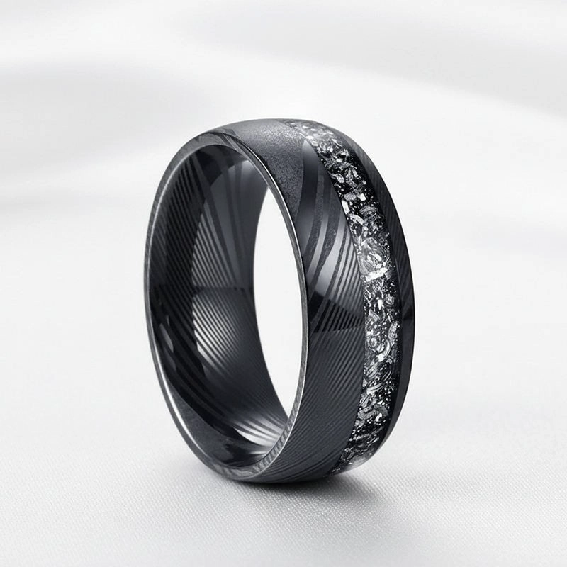 8mm Black Damascus Steel Men's Wedding Bands with Meteorite Inlay - Bulk Wholesale Supplier