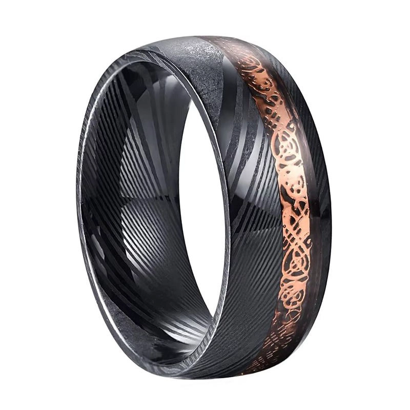 Hochwertiger Ehering aus 8 mm Roségold mit keltischem Drachen-Inlay und schwarzem Damaststahl für Herren