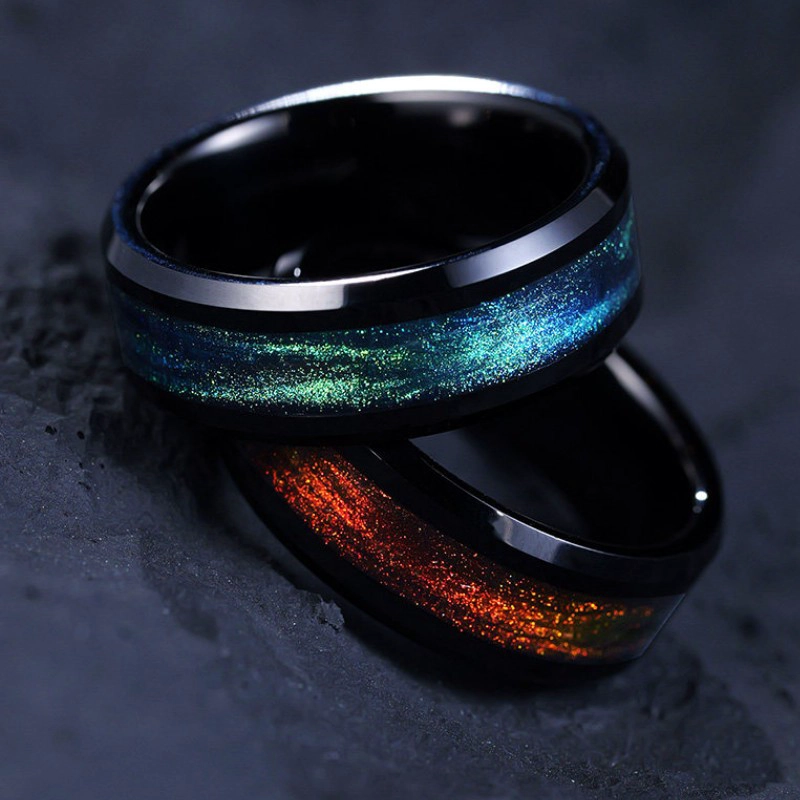 Exquisiter 8 mm schwarzer Wolfram-Ehering mit blaugrüner Steineinlage mit Farbverlauf für Großbestellung