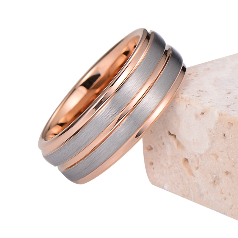Factory Direct 8mm Stepped Edge Two-Tone Tungsten Ring, Natural Brushed Silver Center Rose Gold Inlay Men Wedding Band