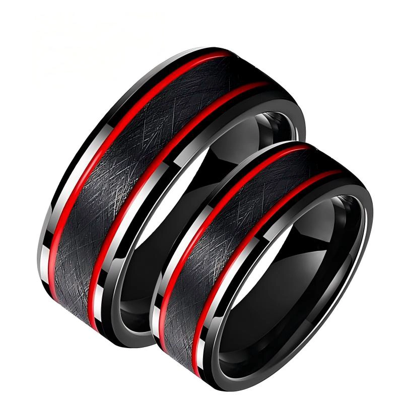 Fabrik-Großhandel aus gebürstetem Wolframcarbid-Ring mit roter Epoxid-Einlage, unregelmäßige Textur, High-End-Herrenmode-Ehering-Schmuck, individuelles Logo, Großpackung