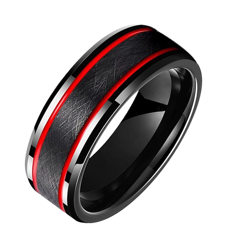 Fabrik-Großhandel aus gebürstetem Wolframcarbid-Ring mit roter Epoxid-Einlage, unregelmäßige Textur, High-End-Herrenmode-Ehering-Schmuck, individuelles Logo, Großpackung