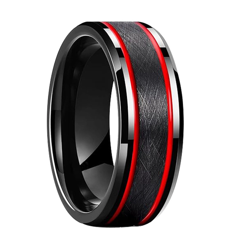 Fabrik-Großhandel aus gebürstetem Wolframcarbid-Ring mit roter Epoxid-Einlage, unregelmäßige Textur, High-End-Herrenmode-Ehering-Schmuck, individuelles Logo, Großpackung