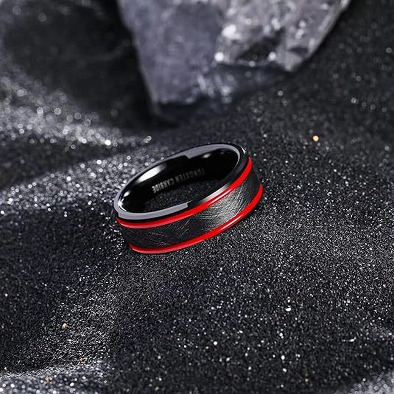 Fabrik-Großhandel aus gebürstetem Wolframcarbid-Ring mit roter Epoxid-Einlage, unregelmäßige Textur, High-End-Herrenmode-Ehering-Schmuck, individuelles Logo, Großpackung