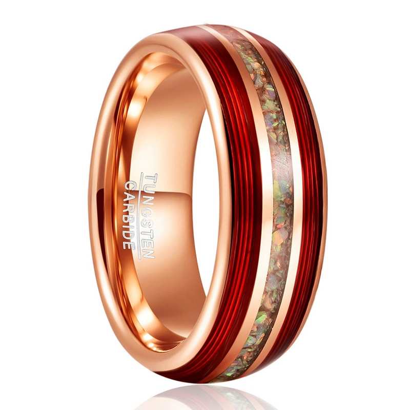 Factory Wholesale 8mm Rose Gold Electroplated Tungsten Carbide Ring, Red Guitar String & Crushed Opal Inlay Music Themed Men Wedding Band, Custom Inner Laser Engraving OEM ODM Bulk Supply