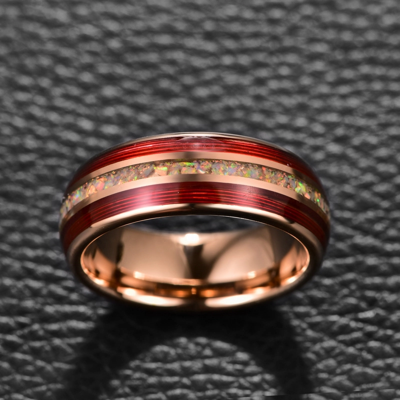 Factory Wholesale 8mm Rose Gold Electroplated Tungsten Carbide Ring, Red Guitar String & Crushed Opal Inlay Music Themed Men Wedding Band, Custom Inner Laser Engraving OEM ODM Bulk Supply