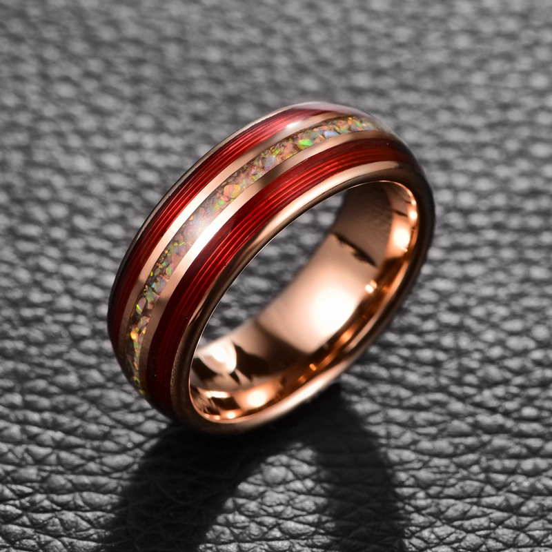 Factory Wholesale 8mm Rose Gold Electroplated Tungsten Carbide Ring, Red Guitar String & Crushed Opal Inlay Music Themed Men Wedding Band, Custom Inner Laser Engraving OEM ODM Bulk Supply