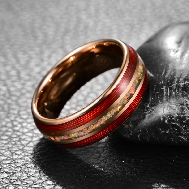 Factory Wholesale 8mm Rose Gold Electroplated Tungsten Carbide Ring, Red Guitar String & Crushed Opal Inlay Music Themed Men Wedding Band, Custom Inner Laser Engraving OEM ODM Bulk Supply