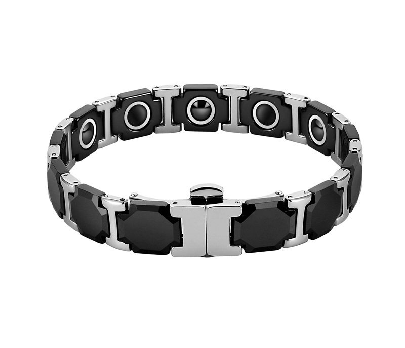 Pulsera de eslabones I de acero inoxidable 304 de cerámica con circonita negra para hombre, cierre desplegable de doble empuje 316L, pulsera de eslabones de terapia con piedras magnéticas y de germanio incrustadas