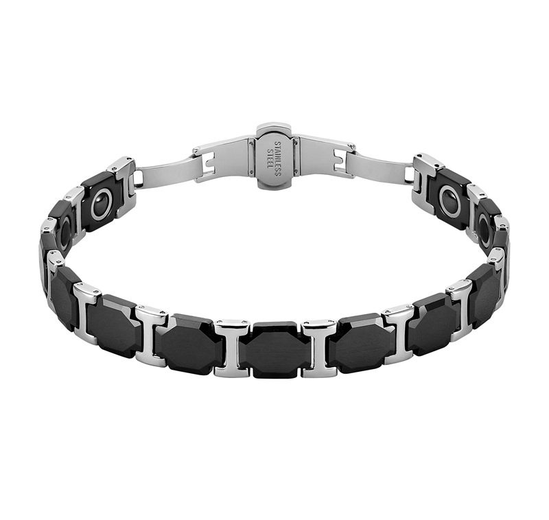 Pulsera de eslabones I de acero inoxidable 304 de cerámica con circonita negra para hombre, cierre desplegable de doble empuje 316L, pulsera de eslabones de terapia con piedras magnéticas y de germanio incrustadas