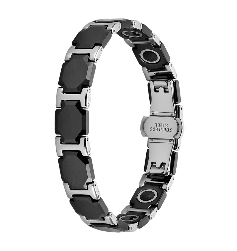 Pulsera de eslabones I de acero inoxidable 304 de cerámica con circonita negra para hombre, cierre desplegable de doble empuje 316L, pulsera de eslabones de terapia con piedras magnéticas y de germanio incrustadas