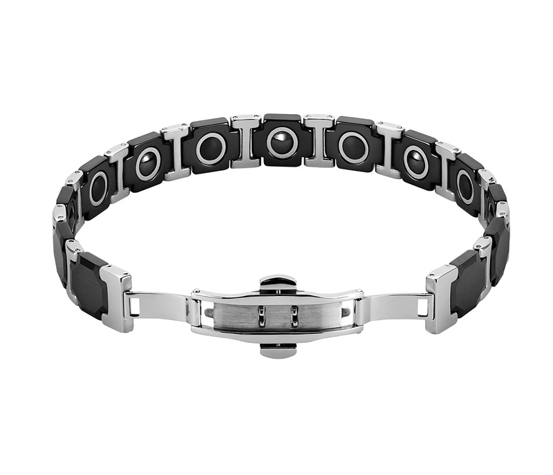 Pulsera de eslabones I de acero inoxidable 304 de cerámica con circonita negra para hombre, cierre desplegable de doble empuje 316L, pulsera de eslabones de terapia con piedras magnéticas y de germanio incrustadas
