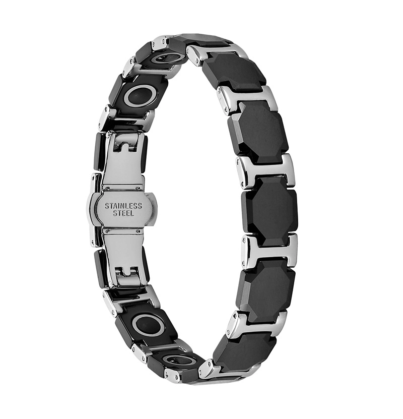 Pulsera de eslabones I de acero inoxidable 304 de cerámica con circonita negra para hombre, cierre desplegable de doble empuje 316L, pulsera de eslabones de terapia con piedras magnéticas y de germanio incrustadas