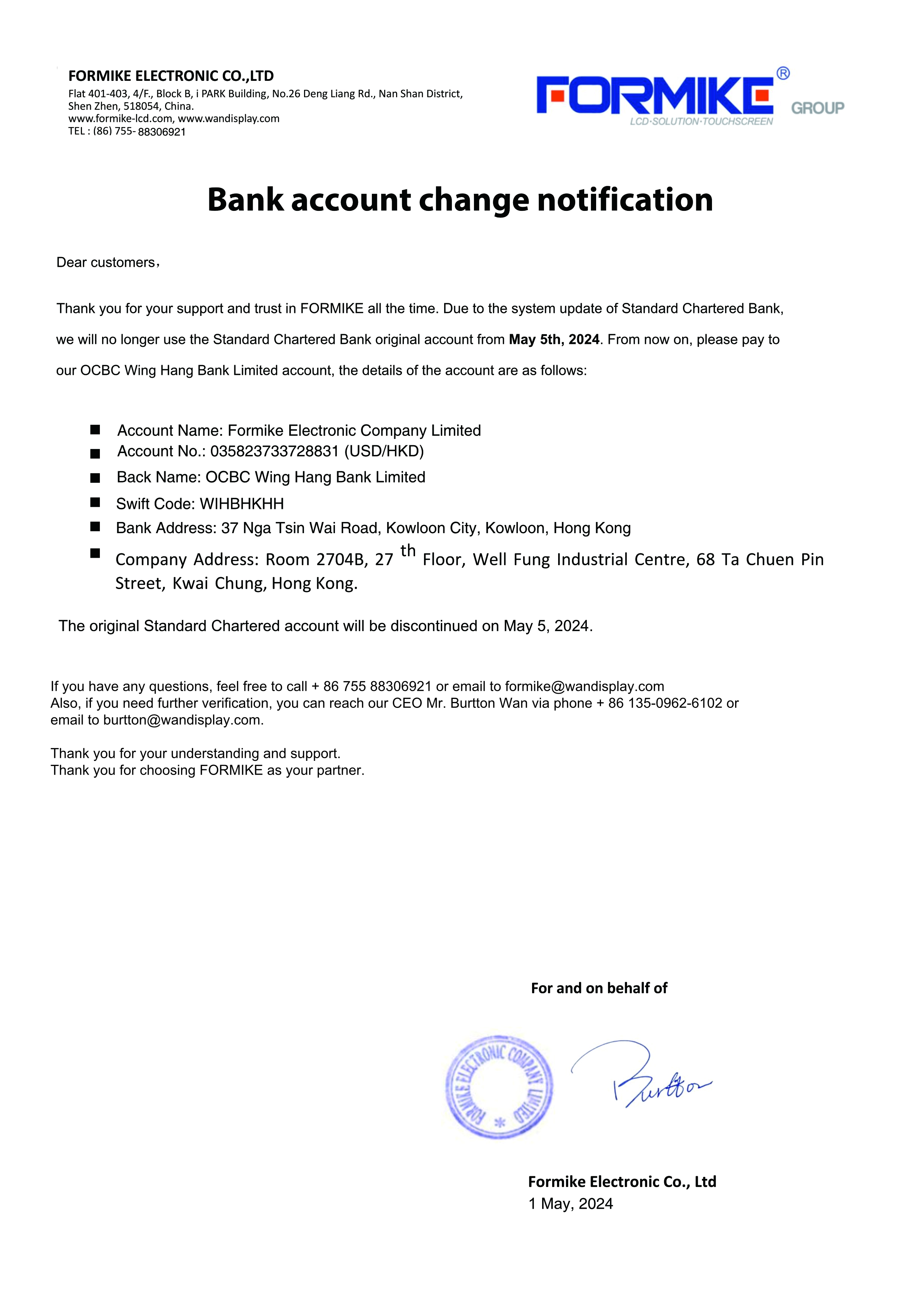 Notice - Formike OCBC Wing Hang Bank Bank account