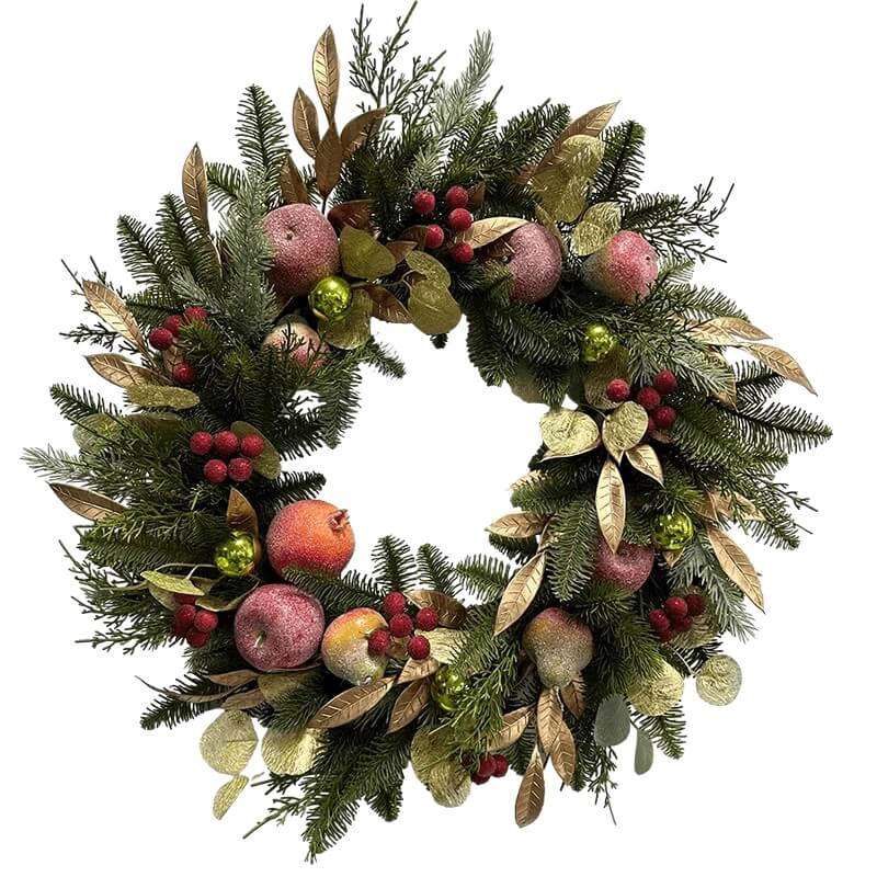 porcelana Corona de frutas navideñas Senmasine de 26 pulgadas con hojas doradas de frutos rojos, rama de aguja de pino, decoración colgante para puerta delantera fabricante