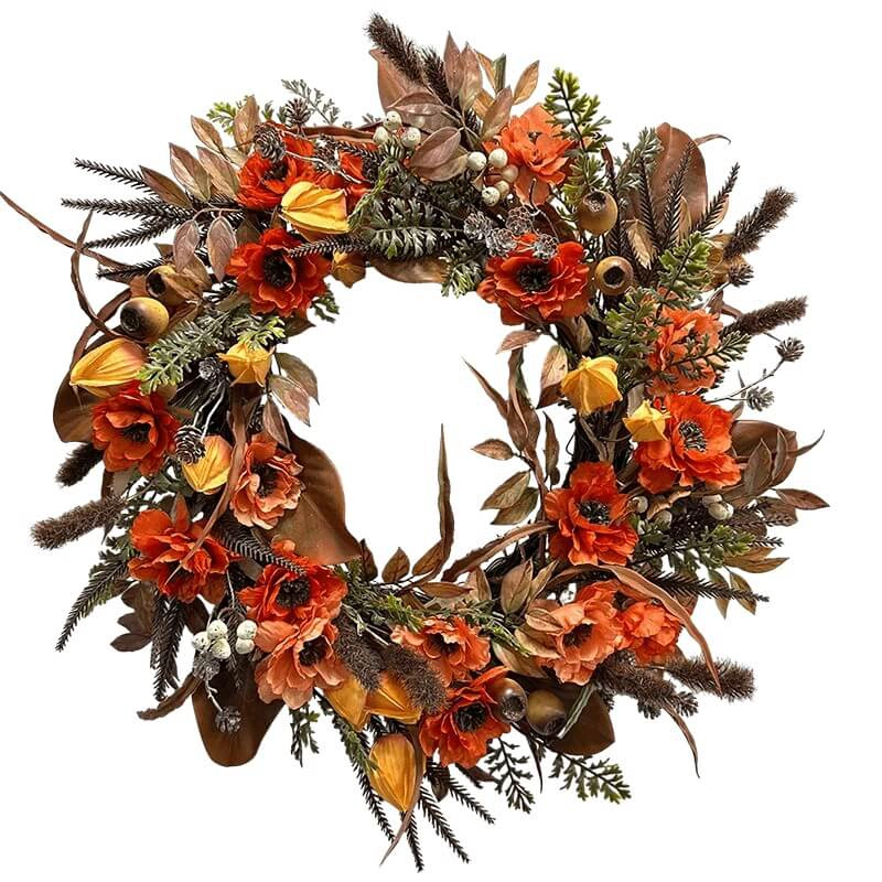 porcelana Corona de otoño de flores artificiales de Papaver Senmasine de 24 pulgadas para colgar en la puerta delantera decoración de cosecha de otoño fabricante