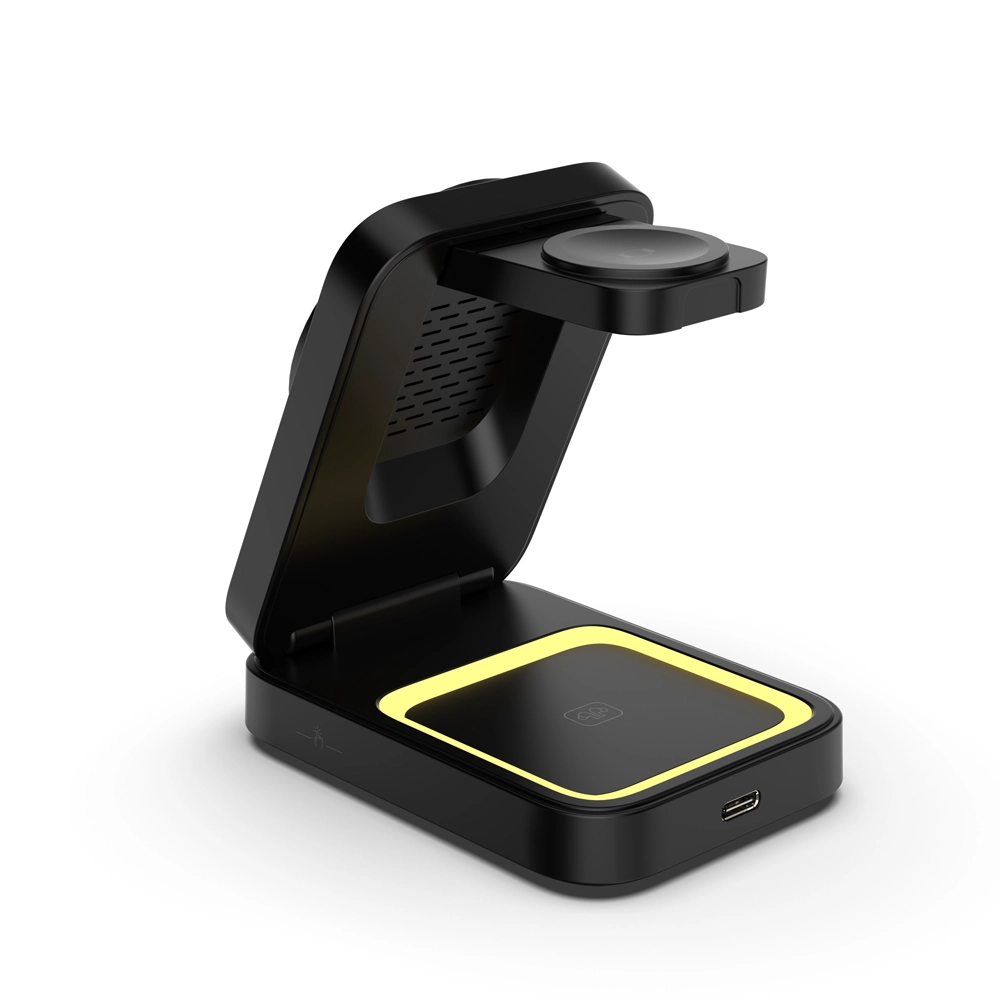 Stazione di ricarica wireless magnetica pieghevole personalizzabile ODM OEM con luce notturna touch regolabile per auricolari iWatch e iPhone (MH-Q530)