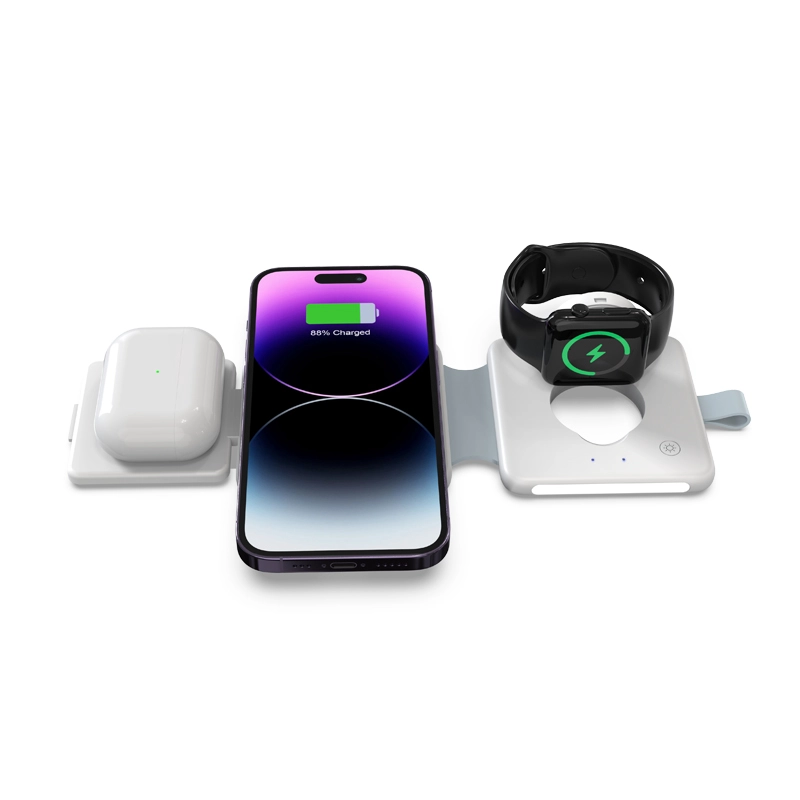 低价紧凑型可折叠 15W 磁性无线充电器,带 Apple Watch 床头柜模式和 LED 充电指示灯夜灯 (MH-Q590)