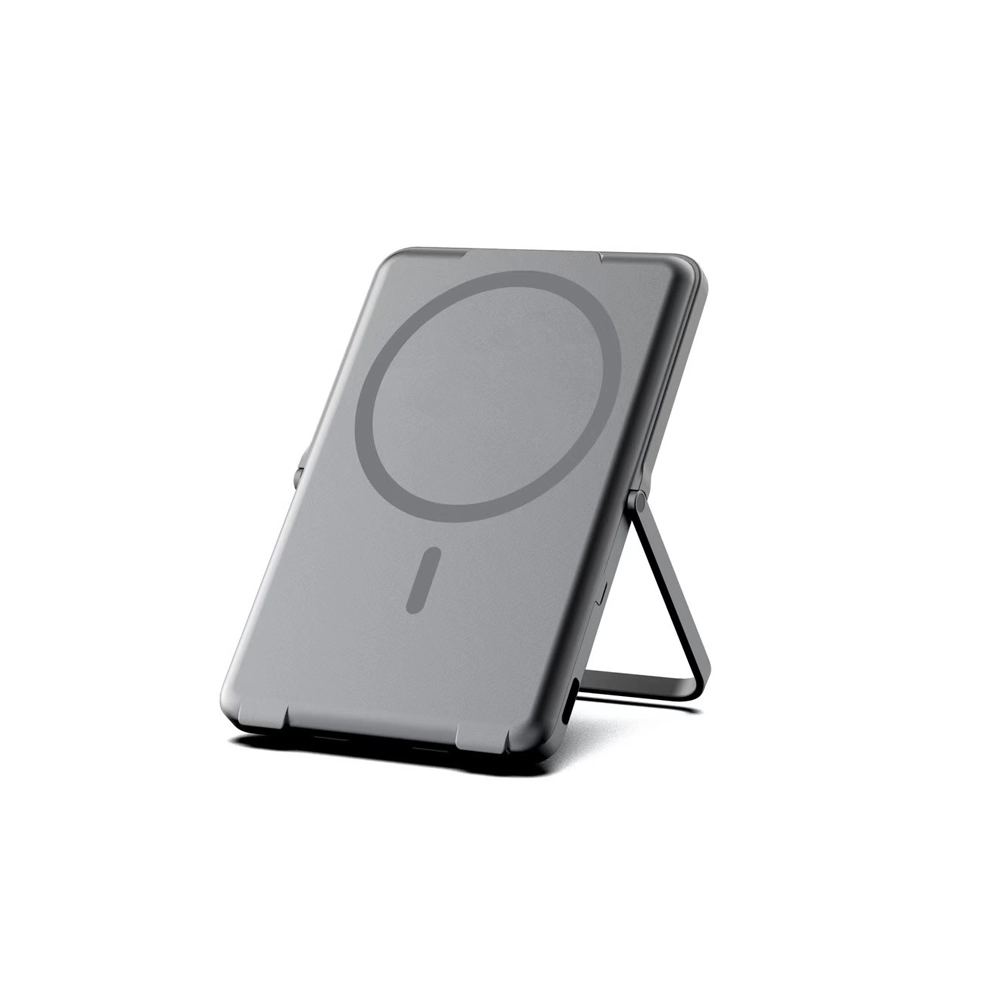 China Foldable Aluminum Alloy 5000mAh Magnetic MagSafe Wireless Charger Power Bank with PD20W Fast Wired Charging and Phone Holder Bracket (MH-P22B) manufacturer
