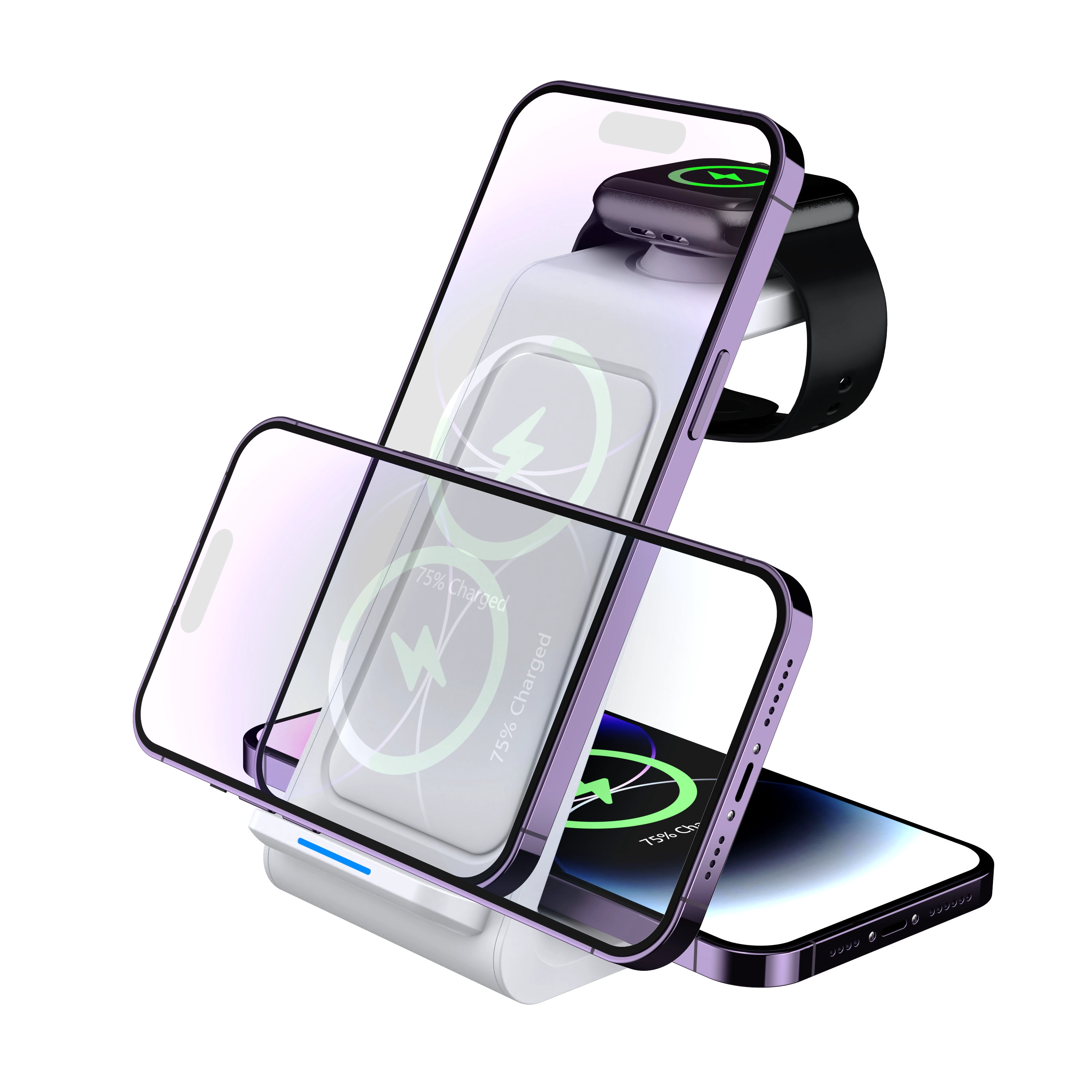 China Niedrigster Preis: 3-in-1-Ständer für kabellose Ladestation mit Doppelspulen zum vertikalen oder horizontalen Laden von iPhone, AirPods und iWatch (MH-Q430) Hersteller