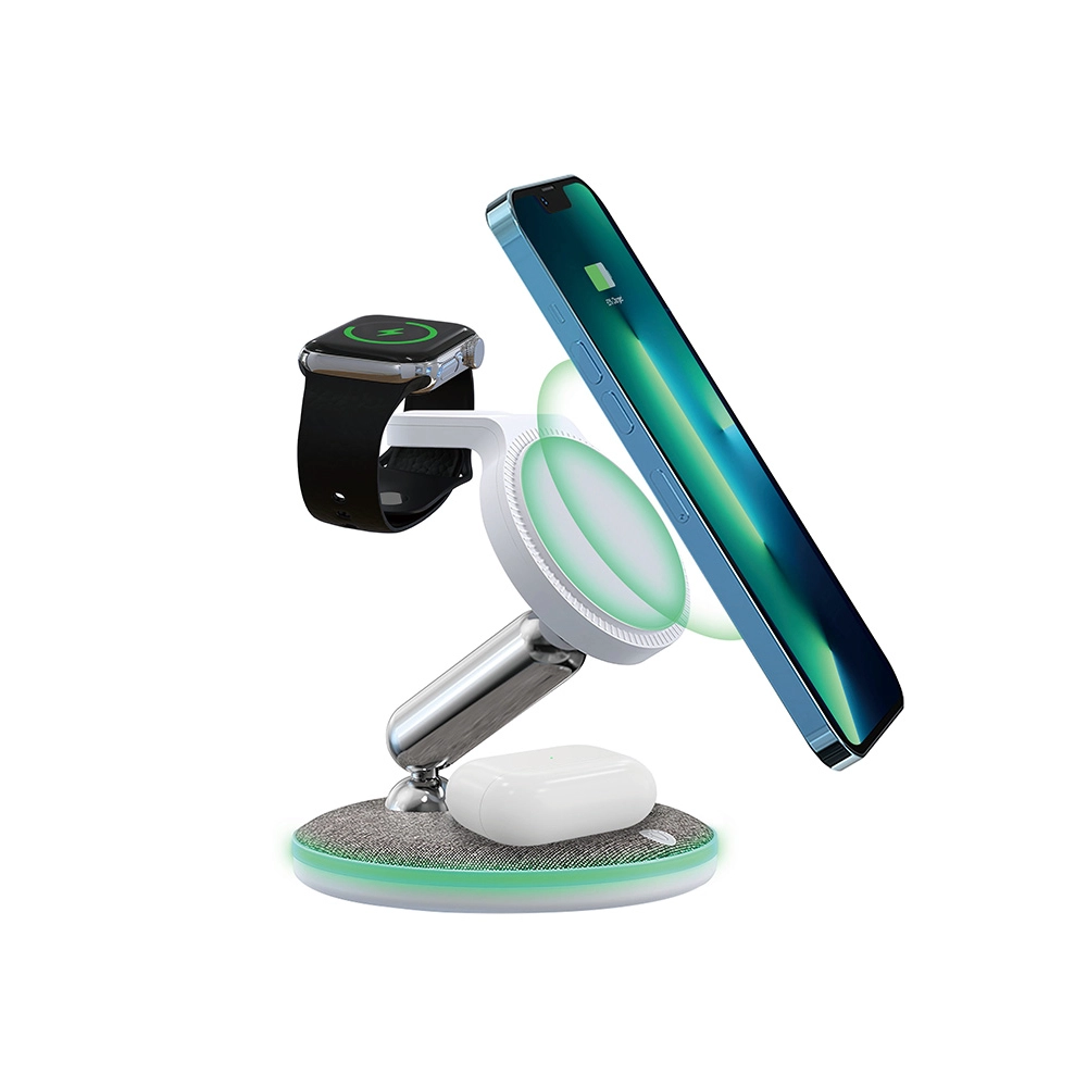 Competitive Price Magnetic Wireless Charging Station and 15W Foldable MagSafe Charger With Night Lamp and Customized PU Surface (MH-Q490)