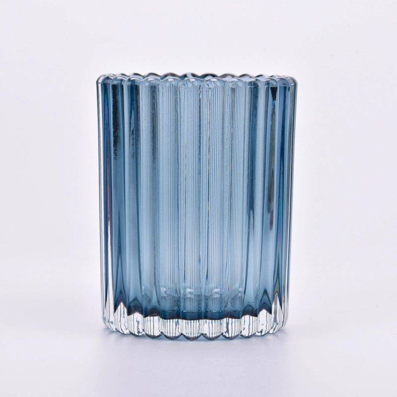 Popular 300ml transparent blue on vertical line glass candle for wholesale