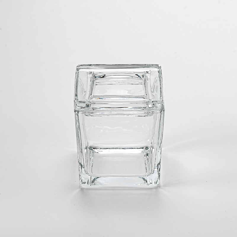 Wholesale square clear glass candle jar with glass lid