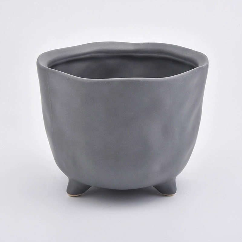 Decorative Round grey Ceramic Candle Jars With Foot