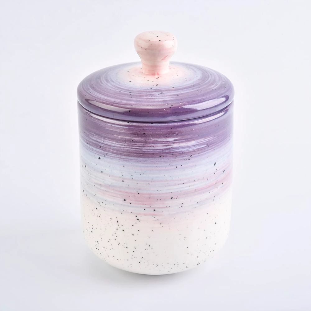 White purple enamel ceramic tealight candle holder jar with lid for home decor