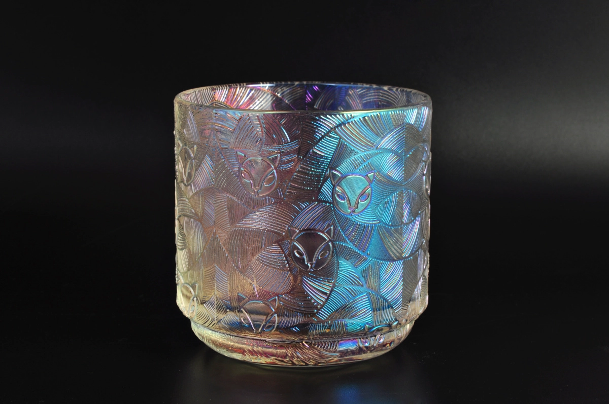 Empty Embossed Fox Pattern Holographic Glass Candle Jar With Lids